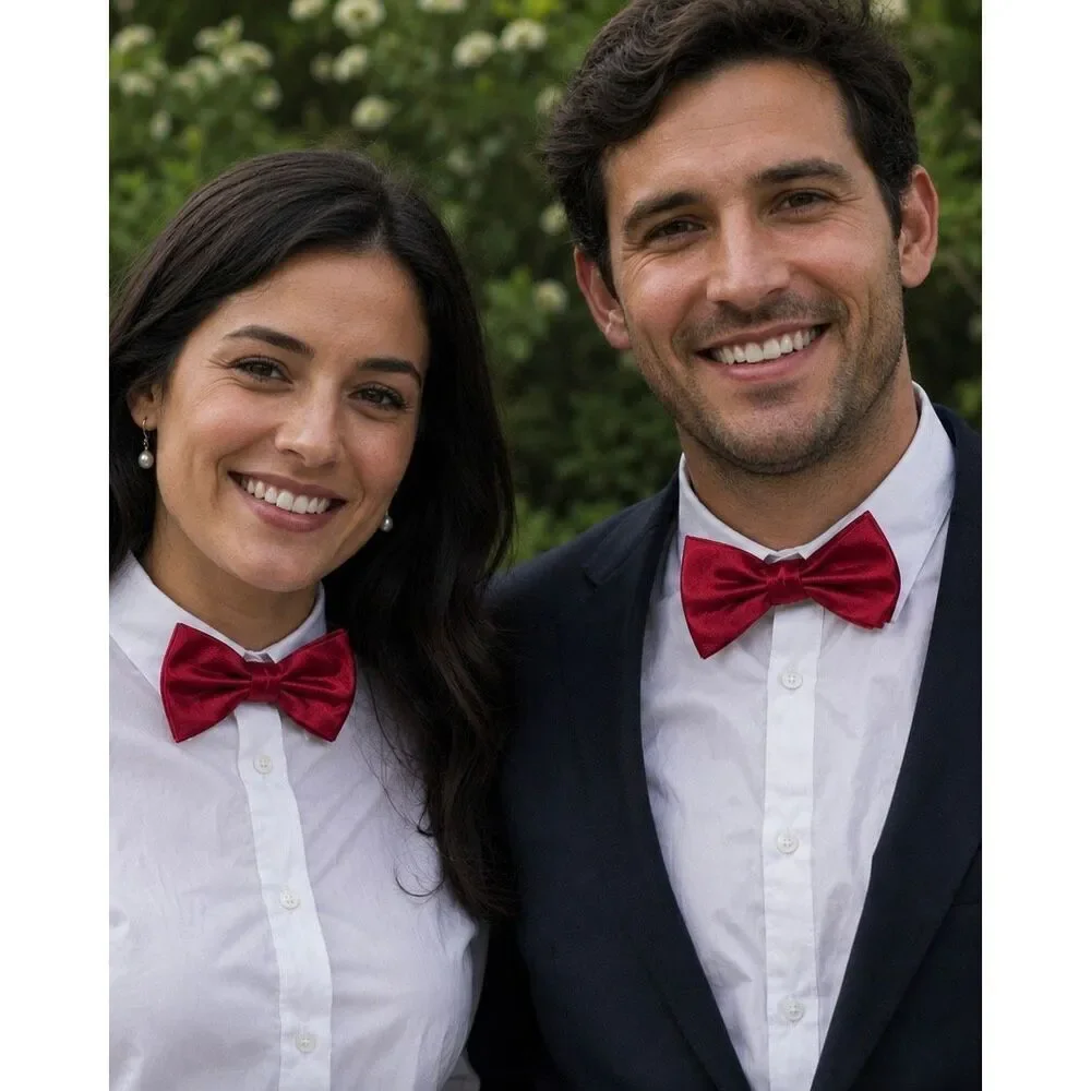 Red Satin Bow Tie Set Pocket Square Cuff Links Women’s Formal Prom Tuxedo Set